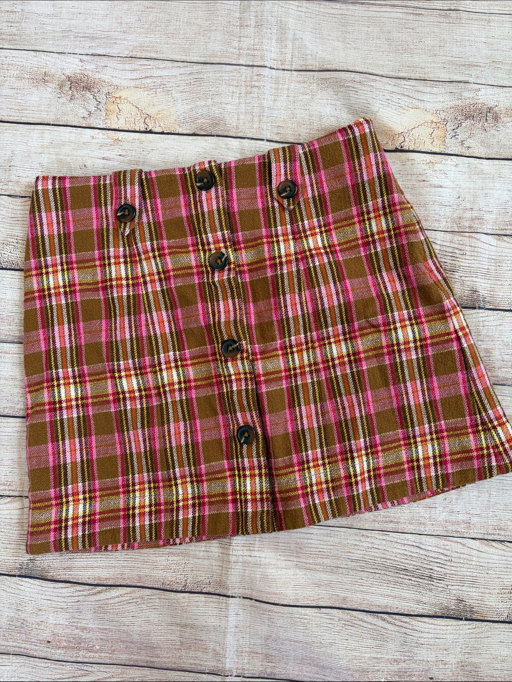 Maeve by Anthropologie Plaid Button-Front Mini Skirt in Brown and Pink